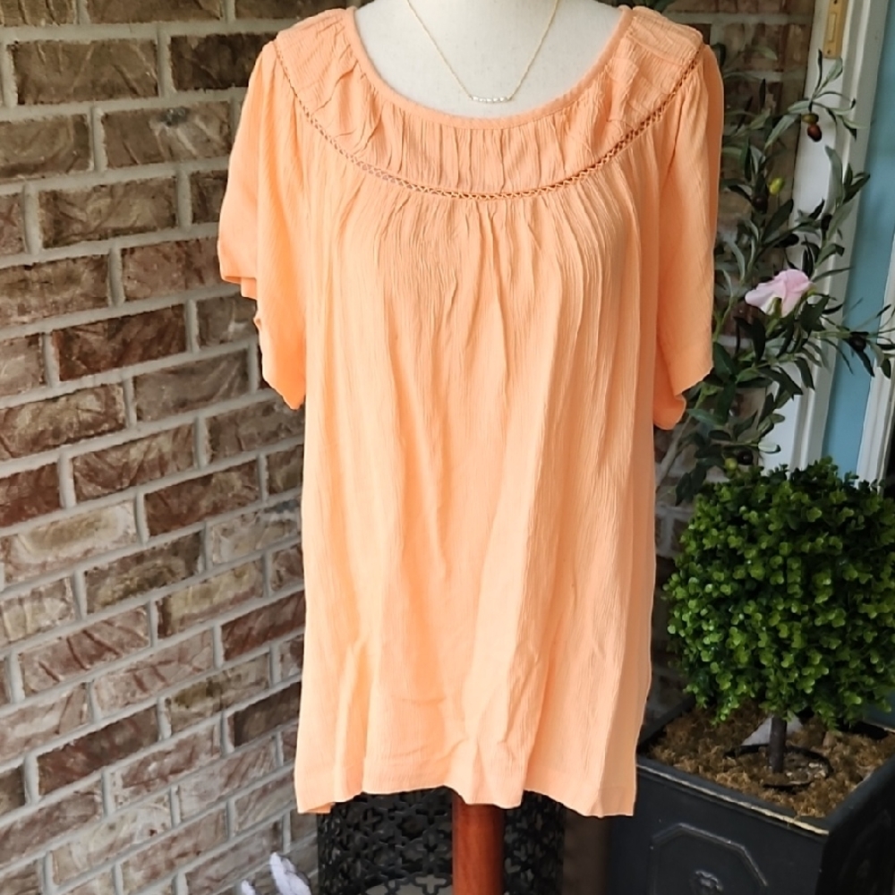 Loft Peach Mixed Media Short Sleeve Top, Size L